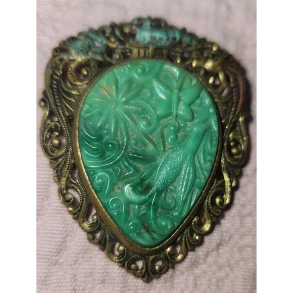 Vintage Chinese Carved Faux Jade Bird Brooch Pin Pendant Filigree - Picture 3 of 5